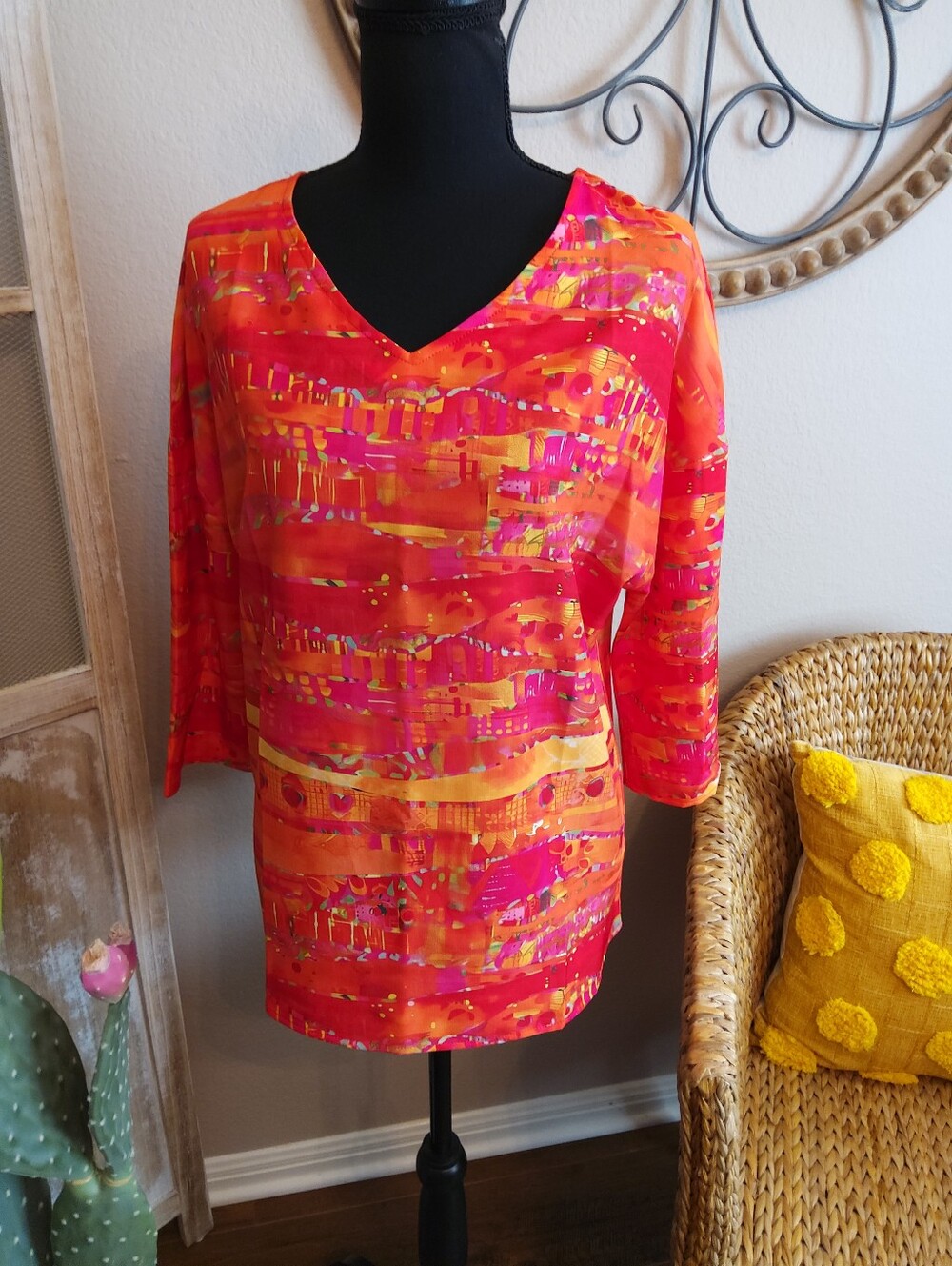 Bright Pink-Orange V-Neck Women's Top
